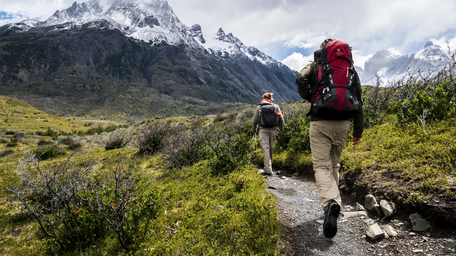 A hiker with a daypack walking up a green trail on a clear morning.